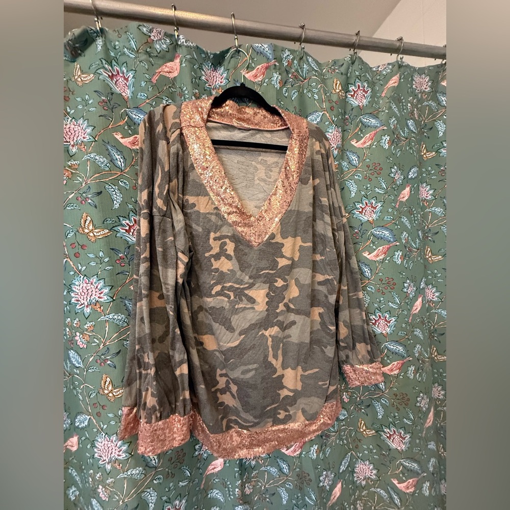 Camo V-Neck Top with Rose Gold Sequin Trim